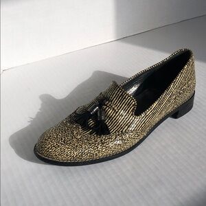 Stuart Weitzman Women’s Tassel Loafers Black and Yellow Weave Size 8